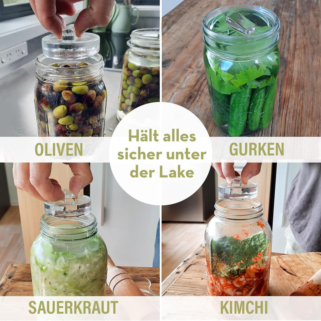 Gärgewichte aus Glas für Fermentation | 66 mm breit | Mit Griffen zum Anheben | 4er-Set für Gläser m