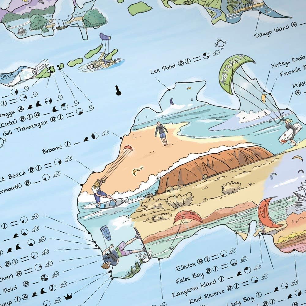 Kitesurf Weltkarte | AWESOME MAPS | Entdecke die 300 Besten Wellen der Welt - 97,5 x 56cm Poster (Ki