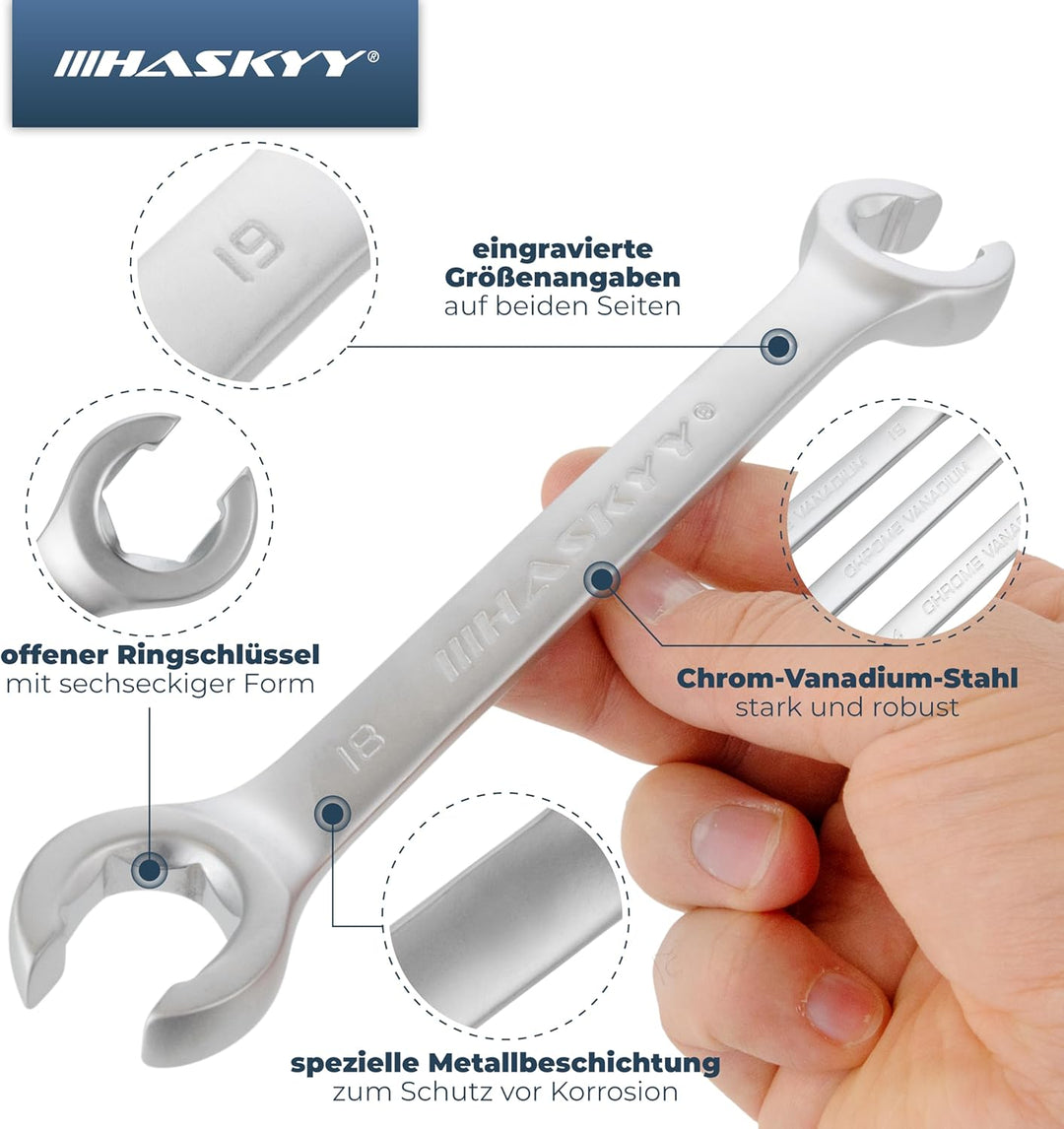 HASKYY Bremsleitungsschlüssel Set Maulschlüssel offener 7 tlg. Doppelringschlüssel 6-22 mm Satz Ring
