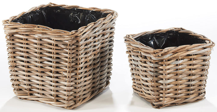 Kobolo Pflanzkorb Pflanzschale aus Rattan mit Folie in kubu Grey grau im 2er Set