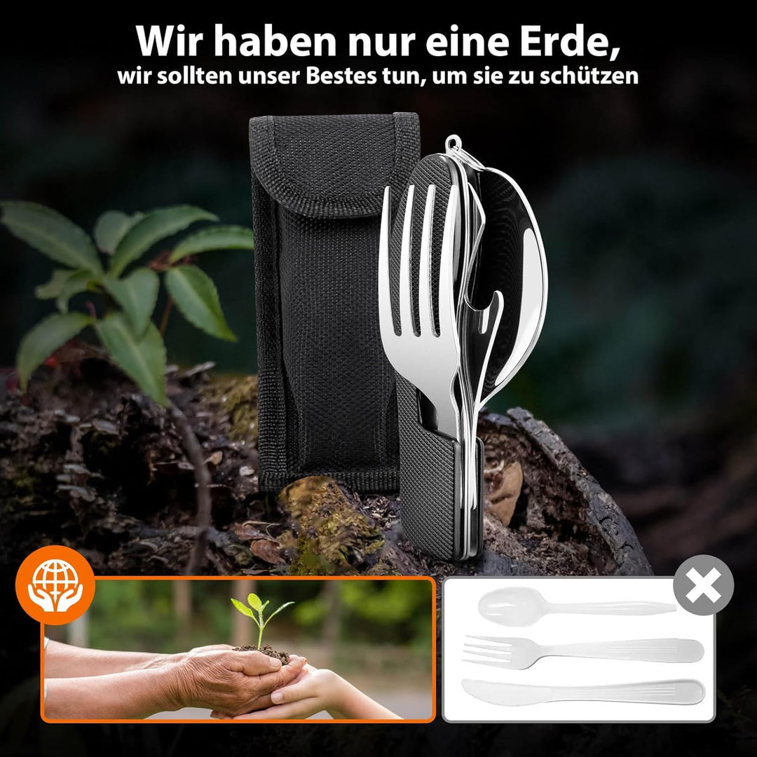 HIKENTURE® Outdoor Campingbesteck Set - Klappbesteck Outdoor Besteck aus Edelstahl mit Gürteltasche