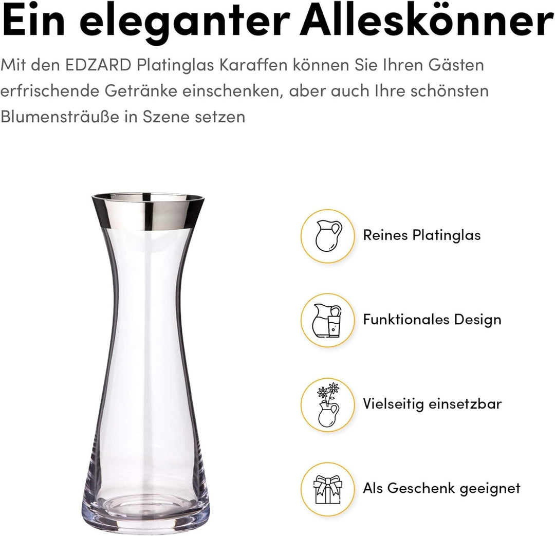 EDZARD Karaffe Hendrik, mundgeblasenes Kristallglas mit Platinrand, Wasserkaraffe aus Glas, Höhe 27