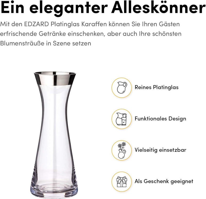 EDZARD Karaffe Hendrik, mundgeblasenes Kristallglas mit Platinrand, Wasserkaraffe aus Glas, Höhe 27