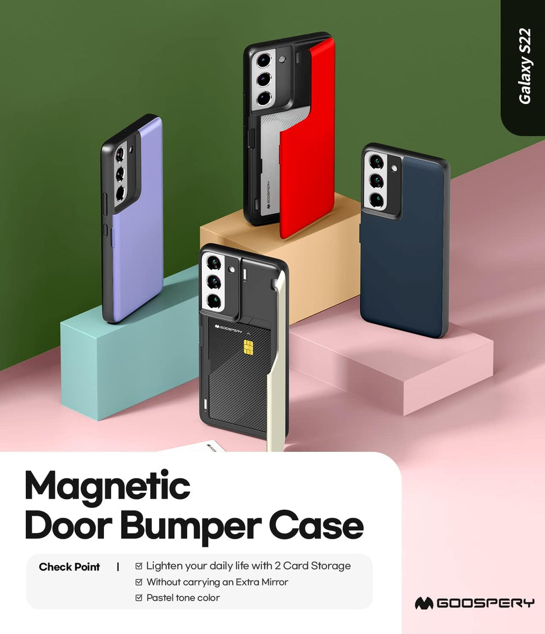 GOOSPERY Magnetic Door Bumper Hülle Kompatibel mit Galaxy S22, Dual Layer protektive Kartenhalter Wa