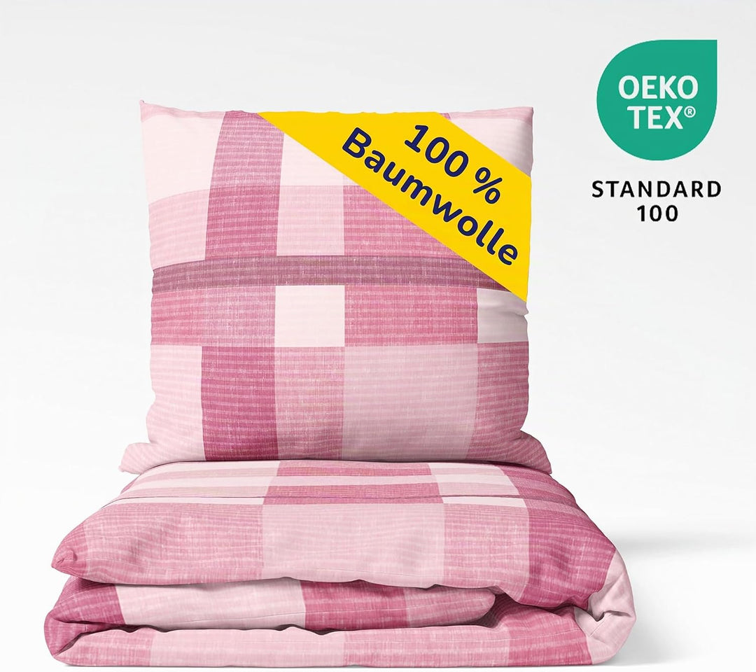 Träumschön Premium Bettwäsche 135x200 + 80x80 cm - Kariertes Design Rosa - Sommer Bettwäsche aus Bau