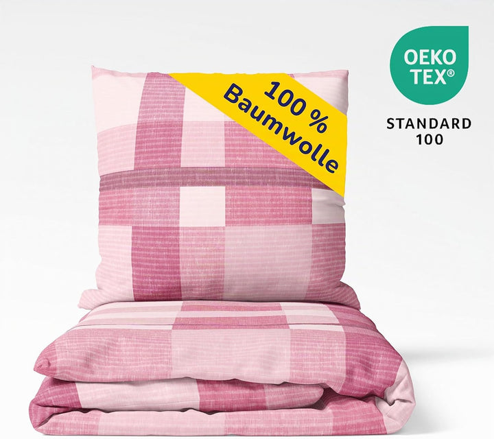 Träumschön Premium Bettwäsche 135x200 + 80x80 cm - Kariertes Design Rosa - Sommer Bettwäsche aus Bau