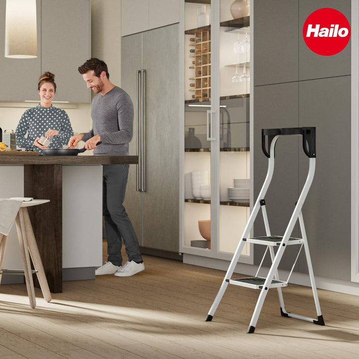 Hailo K75 ComfortLine Klapptritt - 2-stufige Trittleiter aus Stahl mit Sicherheitsbügel und Ablagesc