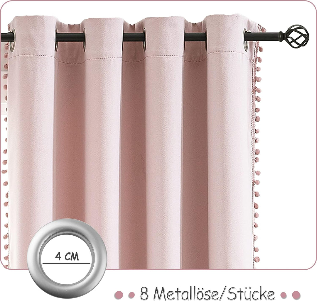 Treatmentex Blickdicht Vorhang mit Pompons Rosa Vorhang mit Ösen Landhausstil Wärmeisoliert Thermovo