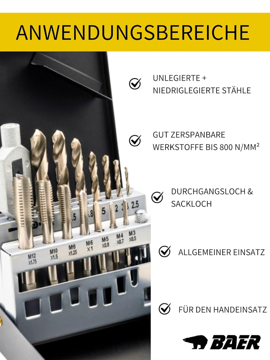 BAER Gewindeschneider Set HSSG: Einschnittgewindebohrer, Kernlochbohrer, Windeisen: M 3-12 - Gewinde