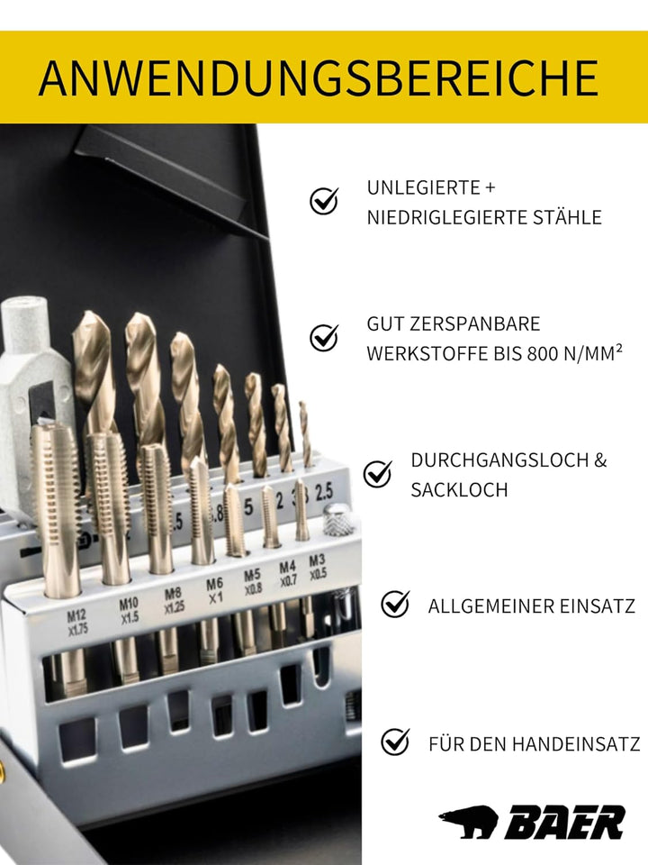BAER Gewindeschneider Set HSSG: Einschnittgewindebohrer, Kernlochbohrer, Windeisen: M 3-12 - Gewinde