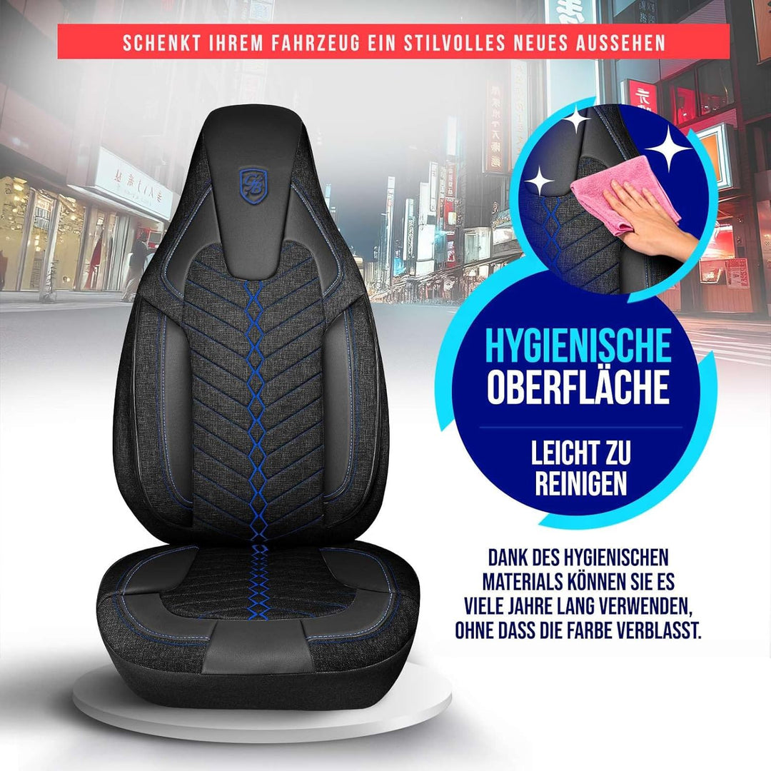 Autositzbezüge Universal für PKW & SUV – Premium Vordersitze Auto Sitzbezug aus Leinen, Schwarz-Blau