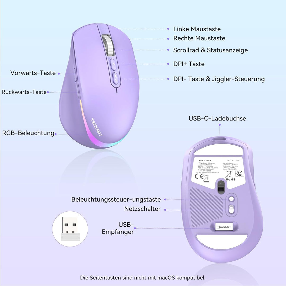 TECKNET Kabellose Maus mit Jiggler, 4800 DPI Wiederaufladbar Ergonomische Maus, 6 DPI-Einstellungen