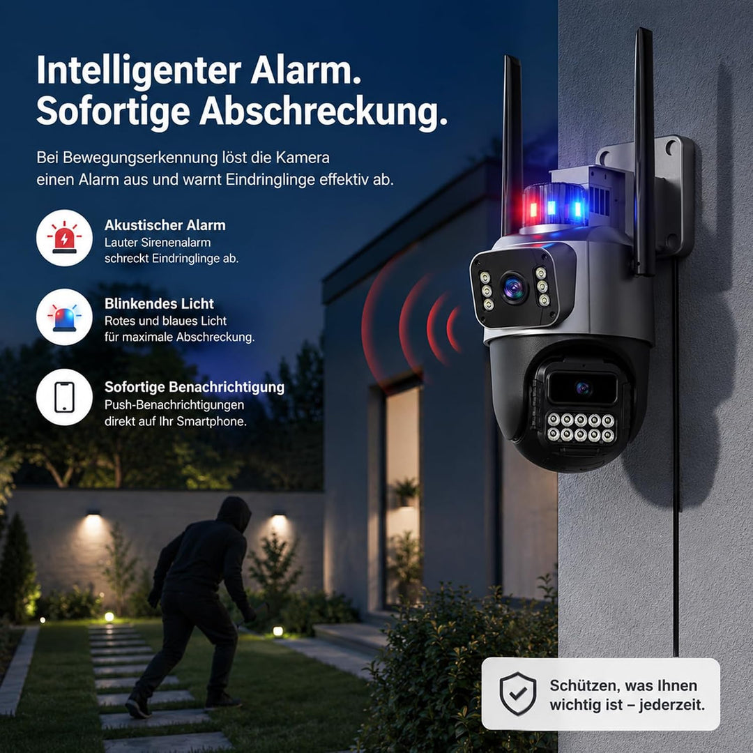 Überwachungskamera Aussen, 6MP Dual-Lens WLAN, 2.4/5 GHz | Kamera mit Grossem Sichtfeld und Schwenk/
