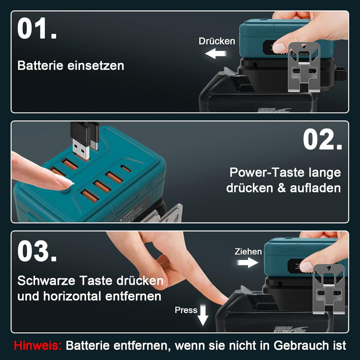 8-in-1 Ladeadapter & USB Adapter für Makita 18V Akkus - Handy Ladegerät mit 6X USB-A & 2X Type-C Sch