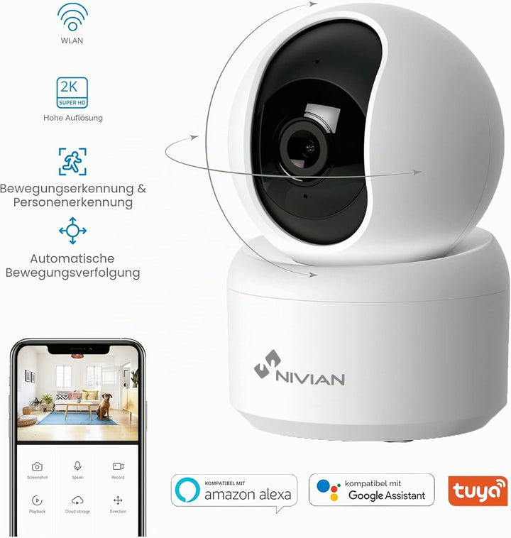 NIVIAN 360° WiFi Dome Überwachungskamera Stecker, 2K-Audio, bidirektionale Erkennung, Auto-Tracking,
