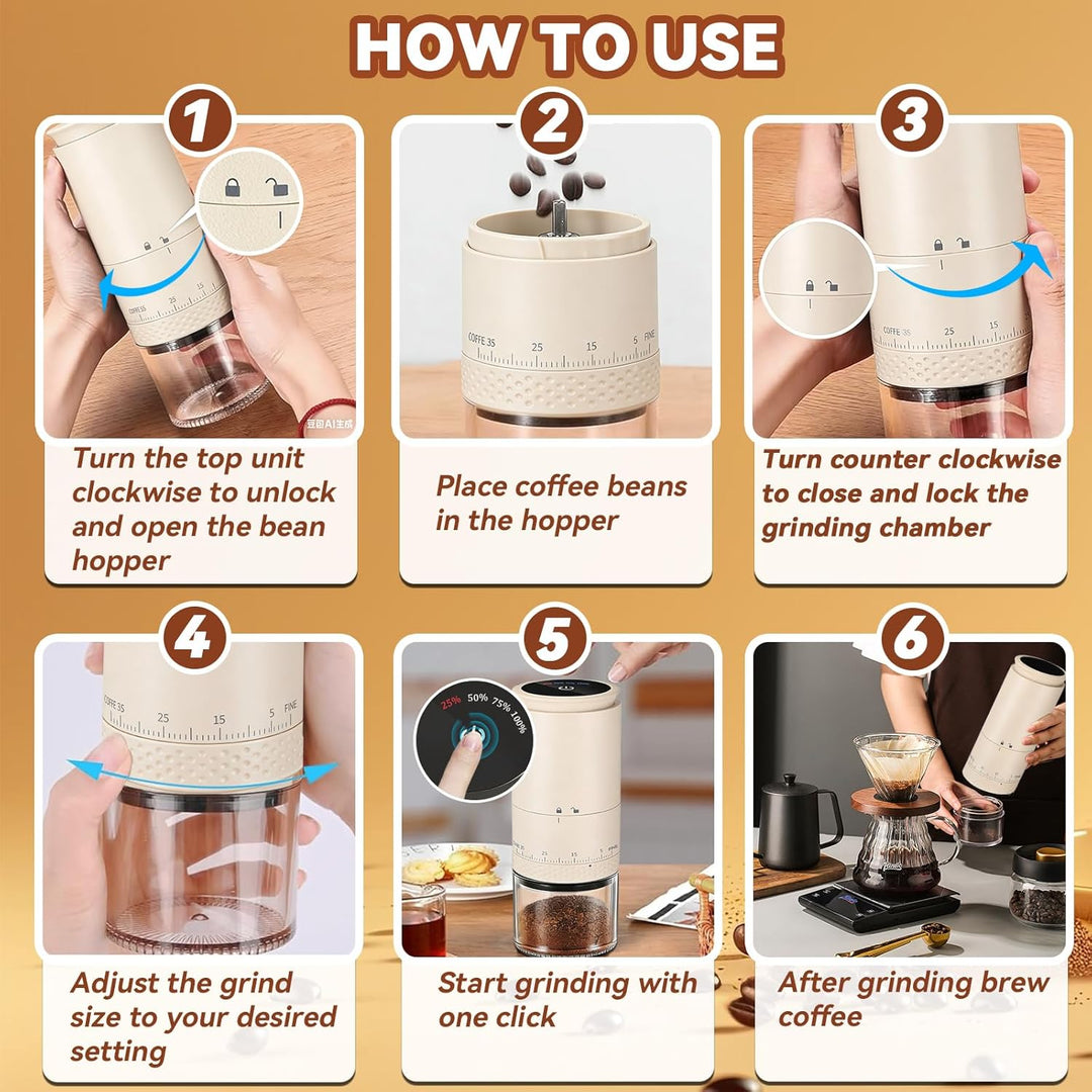 Kaffeemühle Elektrisch, USB Wiederaufladbare Tragbare Kaffemühle, Konische Mühle für Espresso mit LE