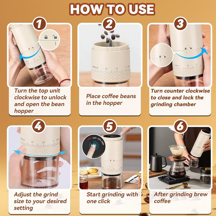 Kaffeemühle Elektrisch, USB Wiederaufladbare Tragbare Kaffemühle, Konische Mühle für Espresso mit LE