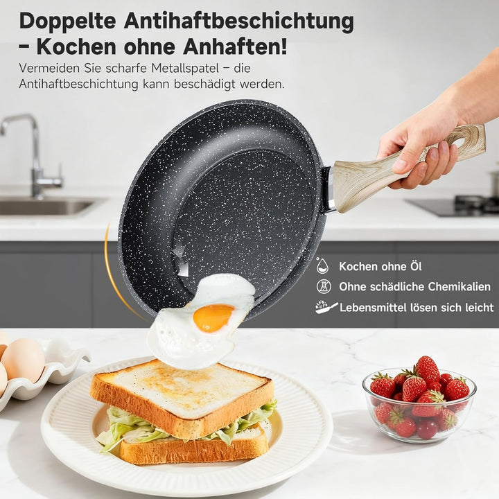 HOMELUX Antihaft Pfannenset 3-teilig Induktion, Bratpfanne 20/24/28cm mit Holzgriff, PFOA & PTFE fre