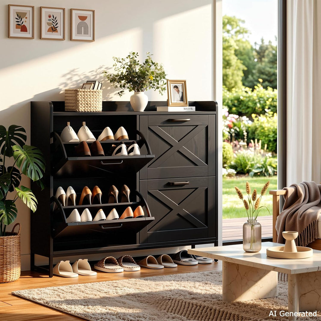 Schuhschrank 4 Klappen, 120x100x24 cm, stabilem Metallfuss, Schwarz | verstellbare Schuhablage für 1
