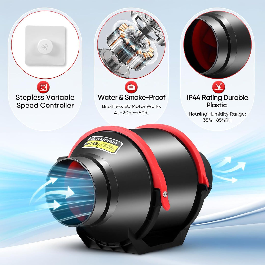 Rohrventilator 100mm mit Drehzahlregler, Einstellbarer Inline-Rohrlüfter 275m³/h, Leiser Abluftventi