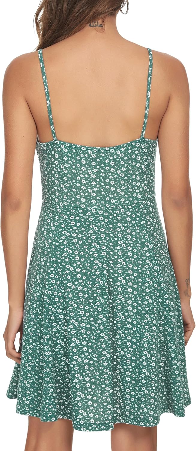 Missufe Damen Sommerkleid Swing Blumenkleid Freizeitkleid Spaghettiträger Cami Kleider, XS Grün