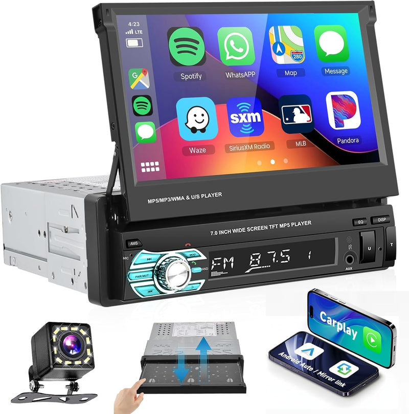 Podofo Autoradio mit Bluetooth Freisprecheinrichtung 7 Zoll Bildschirm 1din Carplay RüCkfahrkamera A