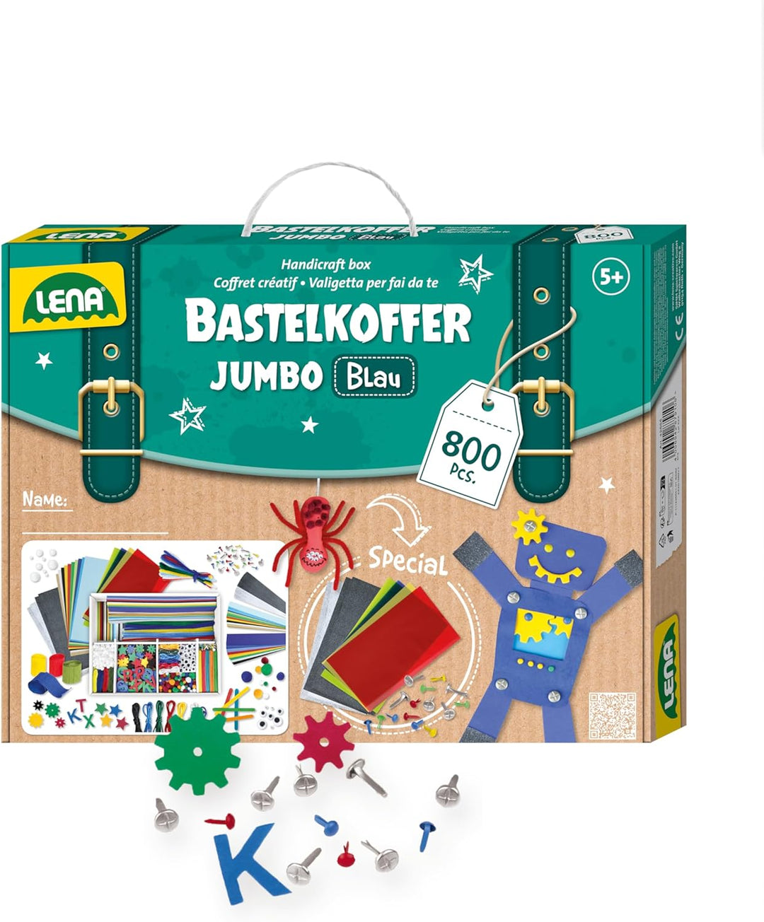 Lena 42665 Bastelkoffer mit 800 Teile Farben, Material zum Basteln, mit Moosgummi, Buntpapier, Pompo