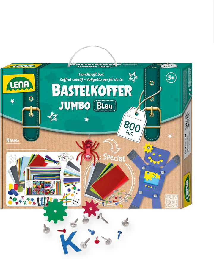 Lena 42665 Bastelkoffer mit 800 Teile Farben, Material zum Basteln, mit Moosgummi, Buntpapier, Pompo