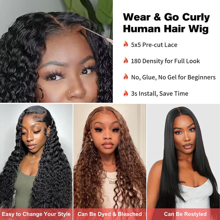 5x5 Glueless Human Hair Wig with 180% Density, 18 Zoll Tiefe Welle Echthaar Perücke für Damen, 100%