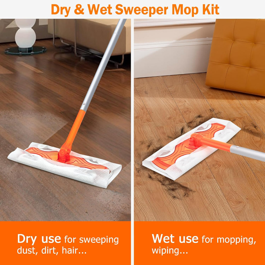 JEHONN Bodenwischer Nass für Swiffer Pads, 2-in-1 Wet Dry Starterset, Feuchte Bodentücher mit 10 Tro