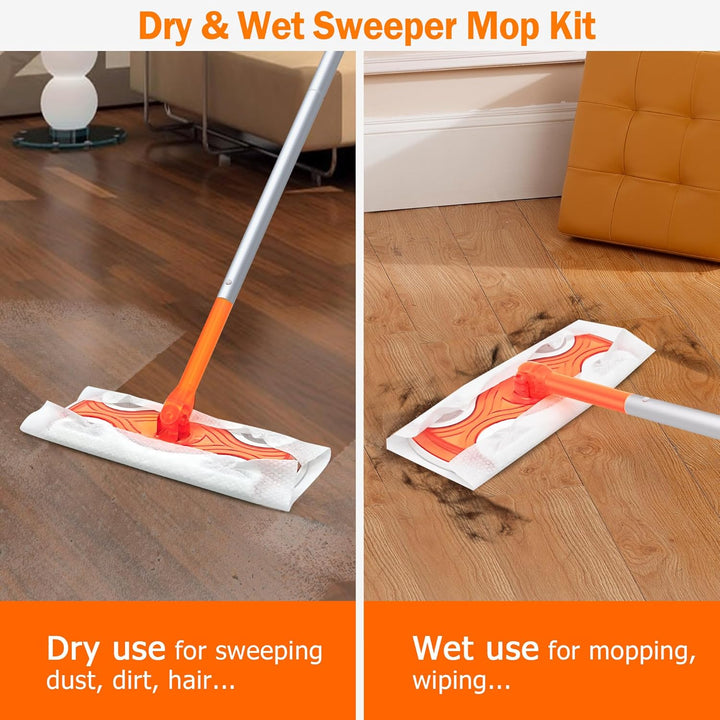 JEHONN Bodenwischer Nass für Swiffer Pads, 2-in-1 Wet Dry Starterset, Feuchte Bodentücher mit 10 Tro