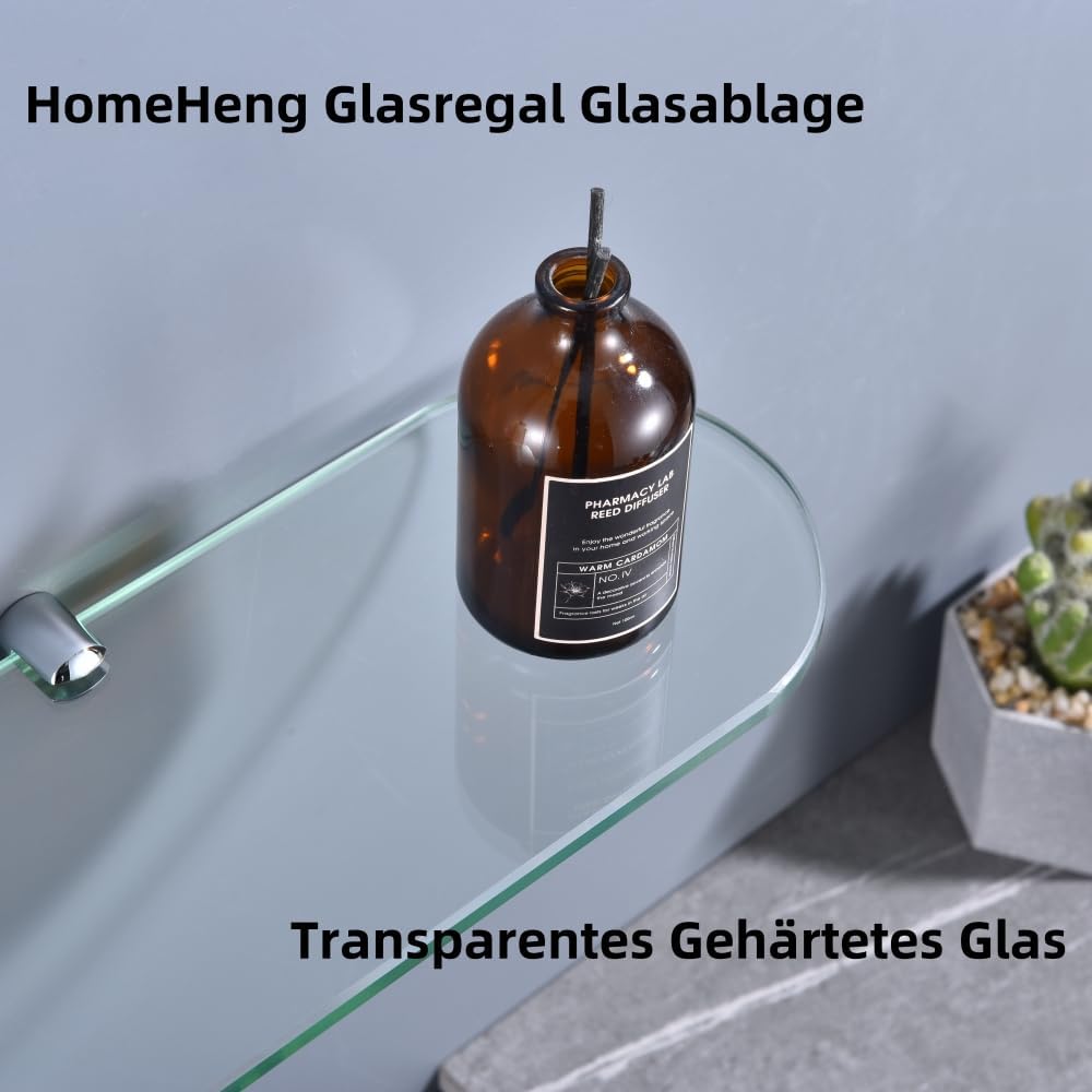 Glasregal Glasablage Wandregal Glas 8mm Hartglas,Klarglas + Chrom Glasklemme,Glas Regal für Badezimm