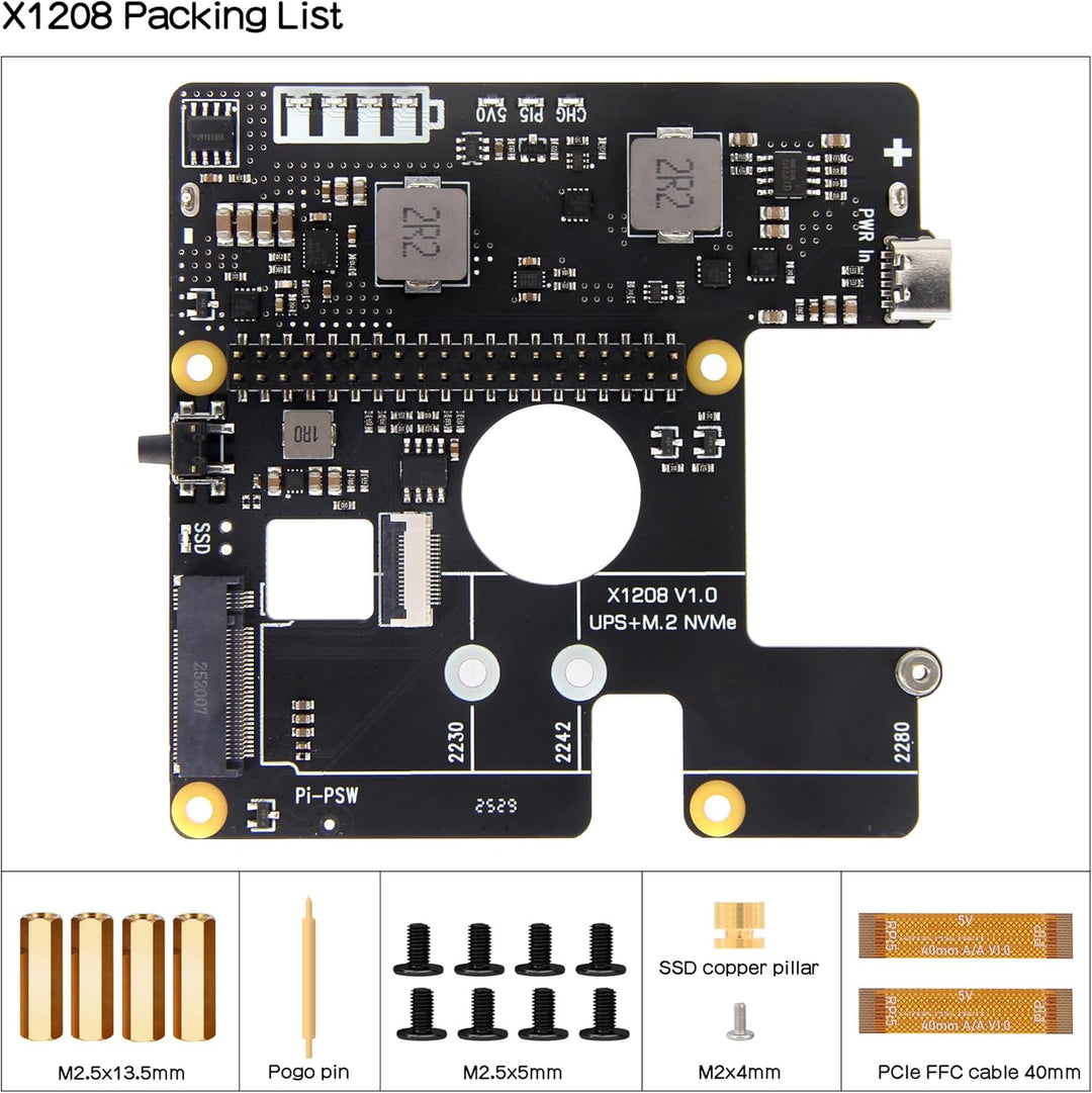Geekworm X1208 UPS für Raspberry Pi 5 mit NVMe SSD (2280/2242/2230) Erweiterung | 5,1V/5A Ausgang |