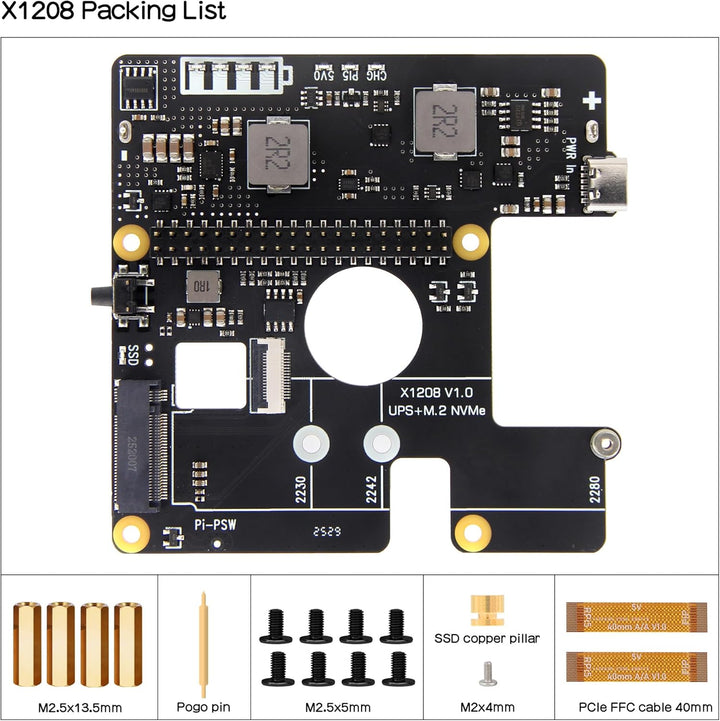 Geekworm X1208 UPS für Raspberry Pi 5 mit NVMe SSD (2280/2242/2230) Erweiterung | 5,1V/5A Ausgang |