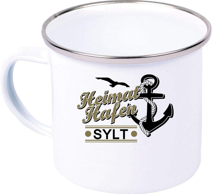Shirtinstyle Emaille Kaffeepott Tasse Heimathafen Sylt Anker Möwe, Weiss Emaille Tasse, Emaille Tass