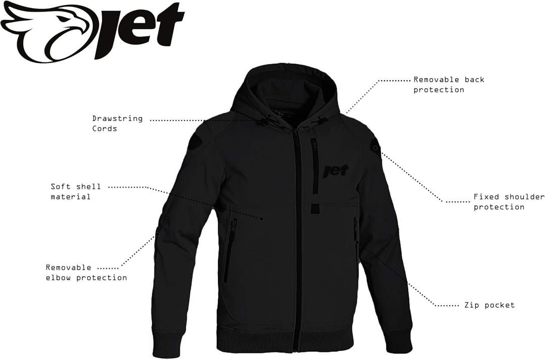 Jet Motorradjacke Sommer Hoodie Kapuzenpullover Mit Protektoren Soft Shell (6XL (EU 62-64), Schwarz)