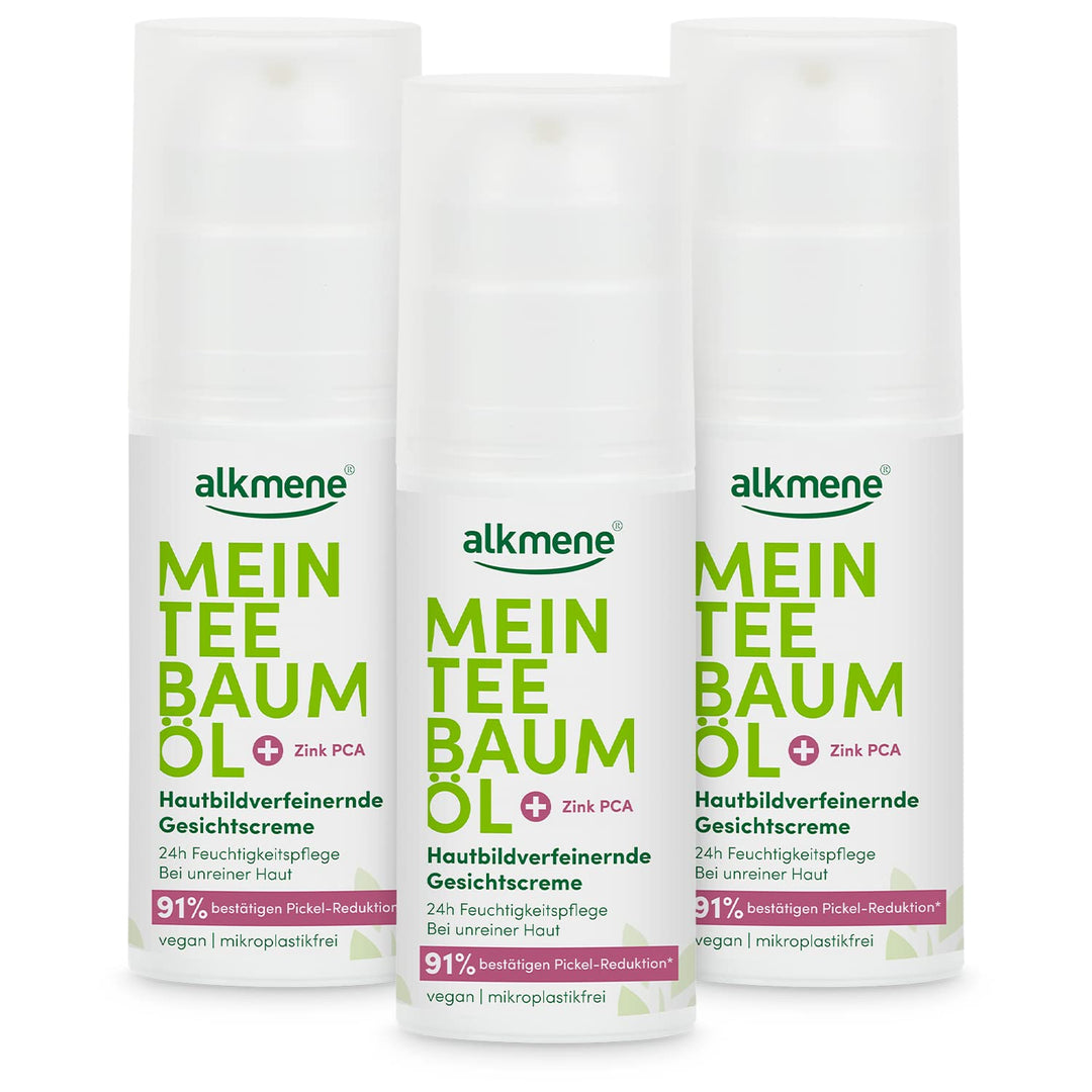 alkmene Mein Teebaumöl Gesichtscreme 3x 50 ml Pickel Reduktion 91% bestätigt - Naturreines Teebaumöl