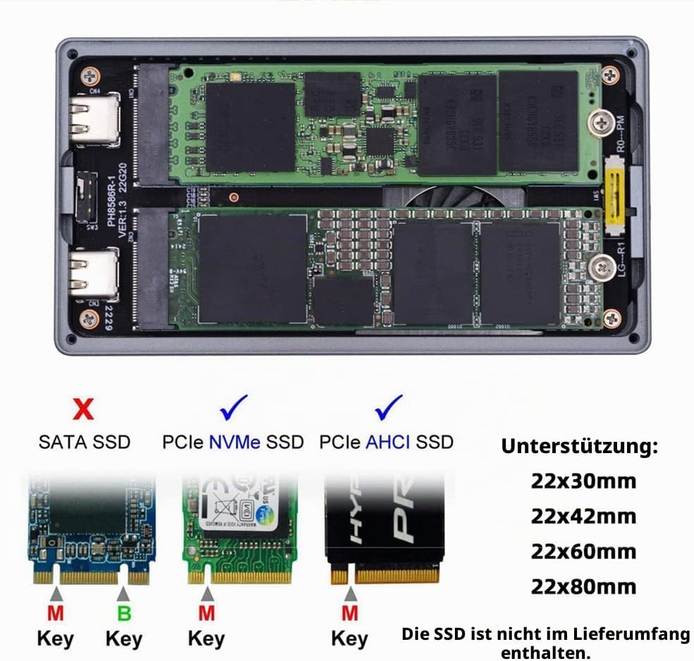xiwai 20Gbps Dual NVME M.2 NGFF M-Key auf USB-C Typ-C Raid0 Raid1 JOBD Big Enclosure mit Lüfter Raid