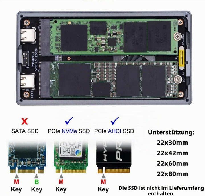 xiwai 20Gbps Dual NVME M.2 NGFF M-Key auf USB-C Typ-C Raid0 Raid1 JOBD Big Enclosure mit Lüfter Raid