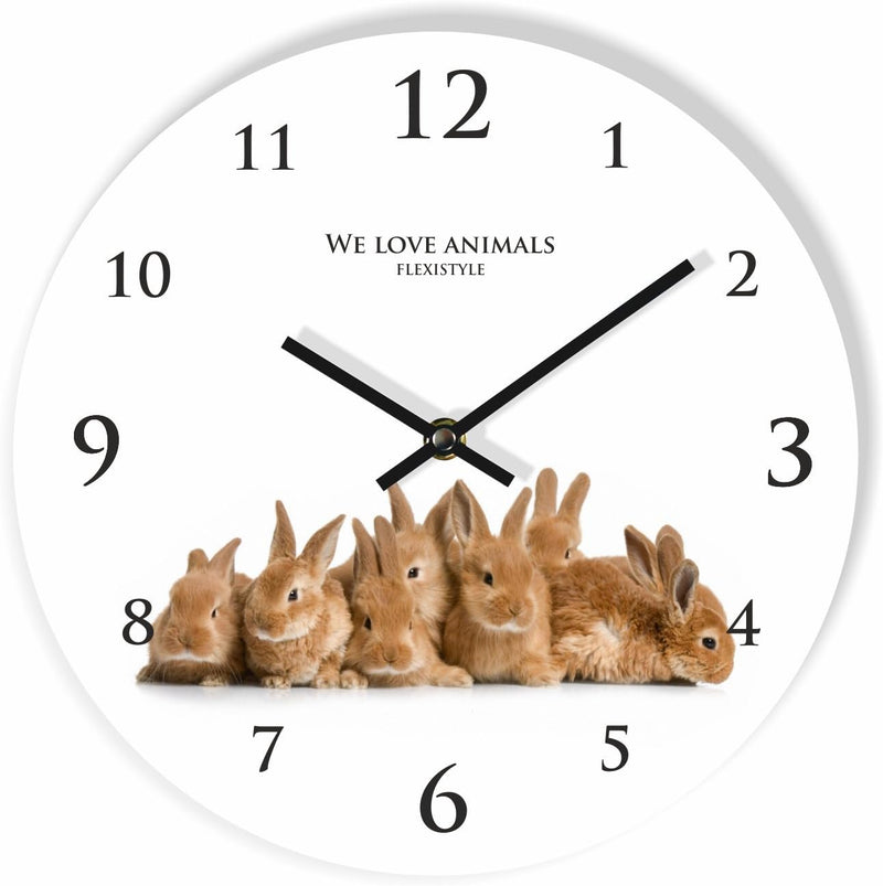 FLEXISTYLE Moderne Wanduhr für Kinder Kaninchen, 30cm, still, oval, Zimmer für Kinder, Schule, Kinde