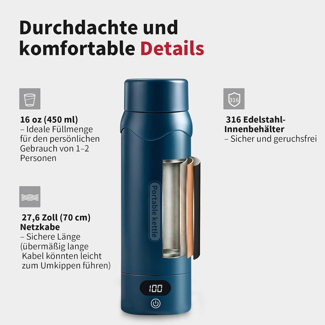 Elektrischer Reisewasserkocher mit 4 Temperaturstufen, 450ml Mini Wasserkocher aus 304 Edelstahl &amp; V