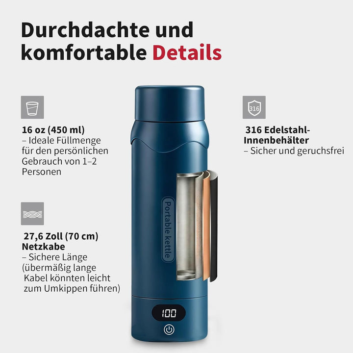 Elektrischer Reisewasserkocher mit 4 Temperaturstufen, 450ml Mini Wasserkocher aus 304 Edelstahl &amp; V