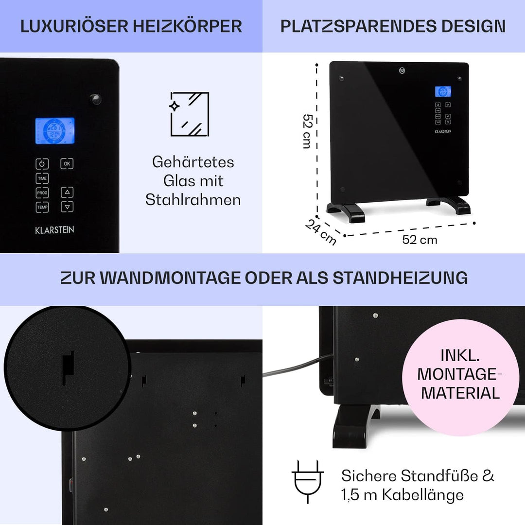 Klarstein Elektroheizung, Konvektor-Heizung mit Bodenrollen, Mobile Elektroheizung Energiesparend, S