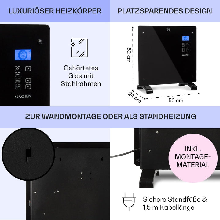Klarstein Elektroheizung, Konvektor-Heizung mit Bodenrollen, Mobile Elektroheizung Energiesparend, S