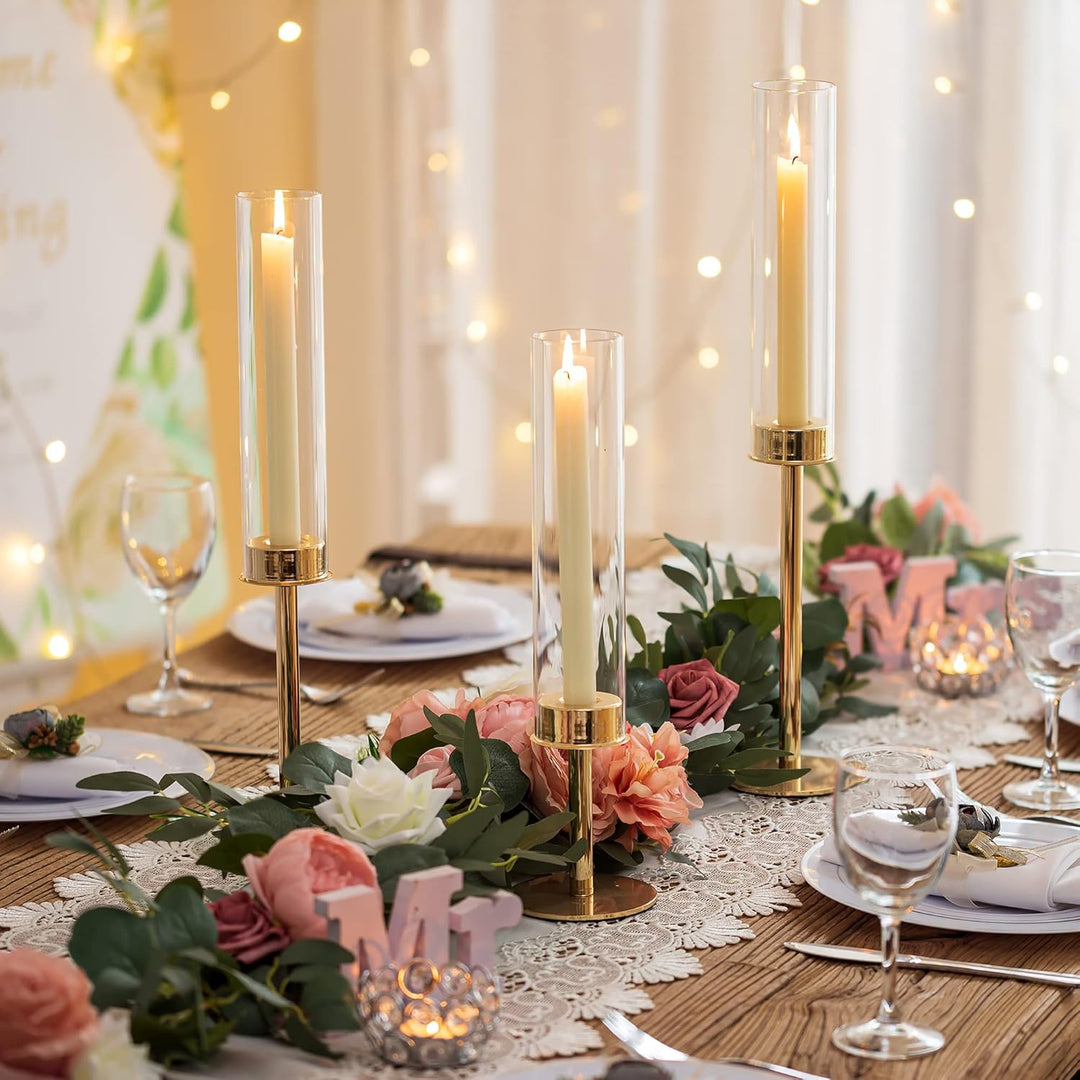 Sziqiqi 18 Stück Kerzenständer Stabkerzenhalter Gold mit Glas für Hochzeitstisch Deko - 48cm Modern