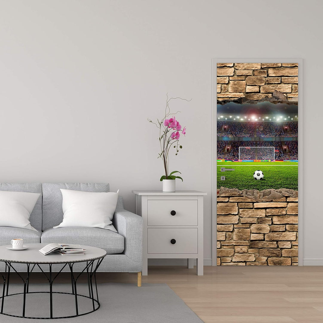 wandmotiv24 Türtapete 3D Fussballfeld - Steinmauer 80 x 200cm (B x H) - Dekorfolie selbstklebend Sti