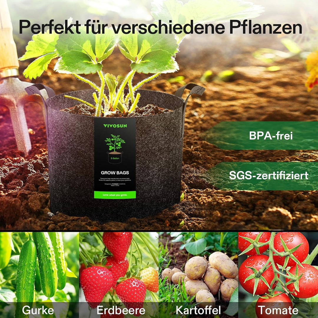 VIVOSUN 5 Stück 5 Gallonen Pflanzen Wachstum Taschen, Verdickte Vliesstoff Pflanzsack mit Starken Gr