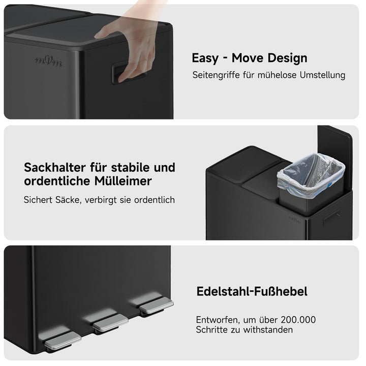 mVm Mülleimer Küche,45 Liter Treteimer,3 x 15 Liter Treteimer, 3 Fächer, Mülltrennsystem, Abfalleime