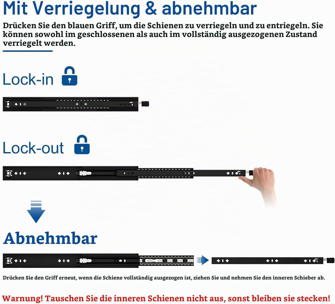 VADANIA Schubladenschienen mit Schloss 350mm, 120kg Tragfähigkeit Schwerlast-Schubladenauszüge Volla