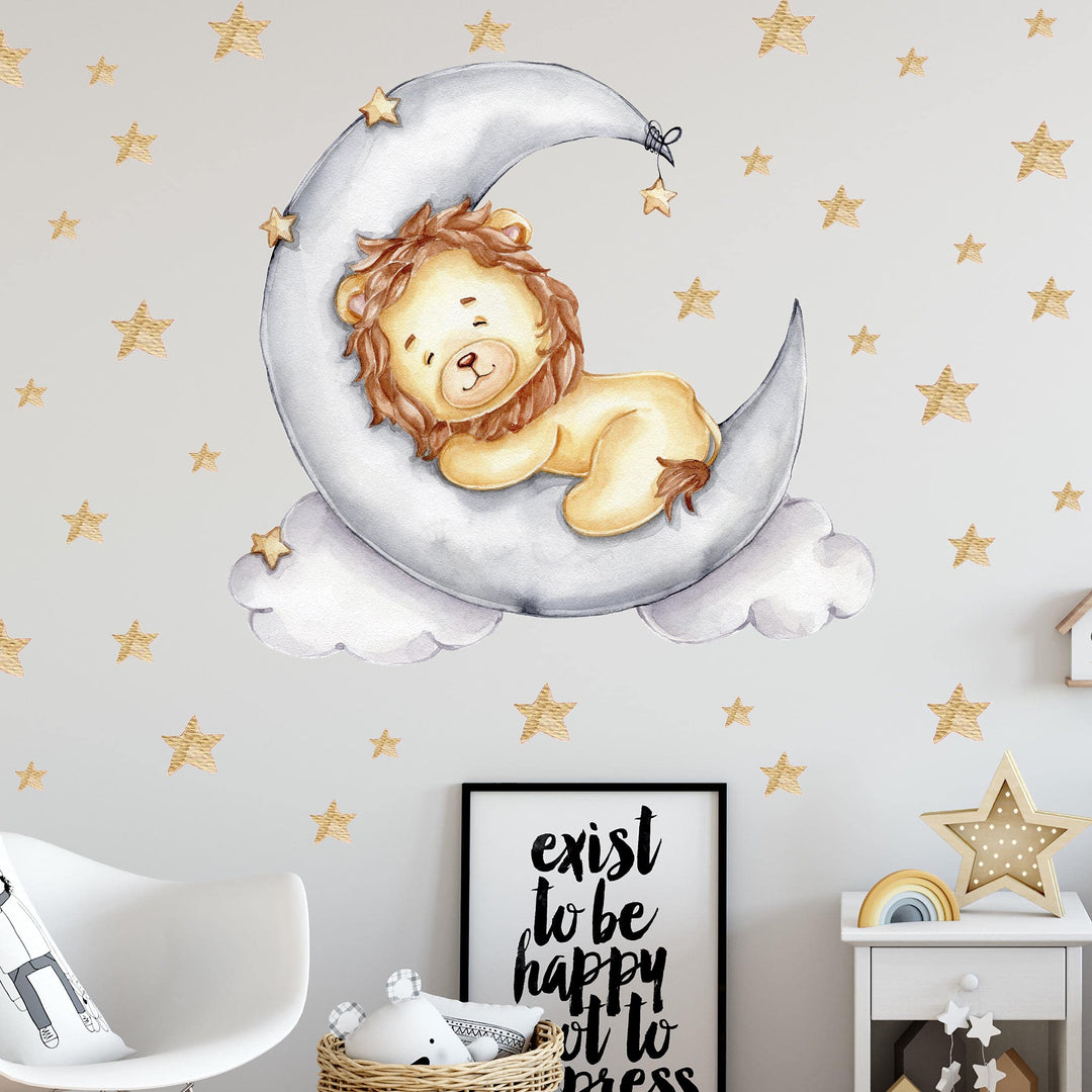 WANDKIND Löwe auf dem Mond V302 | handgezeichnet | AUFKLEBER Kindergarten | Wandsticker Kinderzimmer